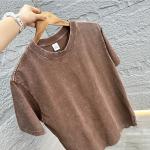 Men's Retro 230GSM Wash Loose Old T-shirt 100% Cotton Short Sleeve Round Neck Coffee Color Clothing